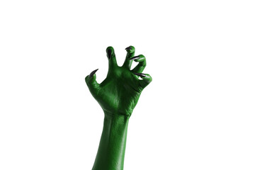 Halloween green color of witches, evil or zombie monster hand isolated on white background. © Phushutter