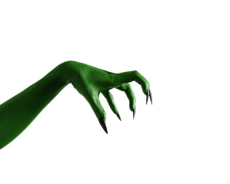 Halloween green color of witches, evil or zombie monster hand isolated on white background.