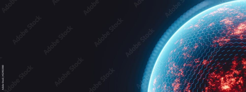 Poster 3d rendering of a glowing atmosphere planet surround with hexagon shield. for global world network a