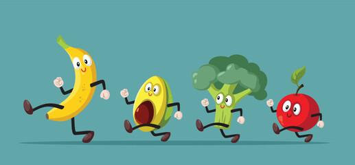 Fruits and Vegetables Running Together Vector Cartoon Illustration. Happy fresh grocery items full of energy and vitality
