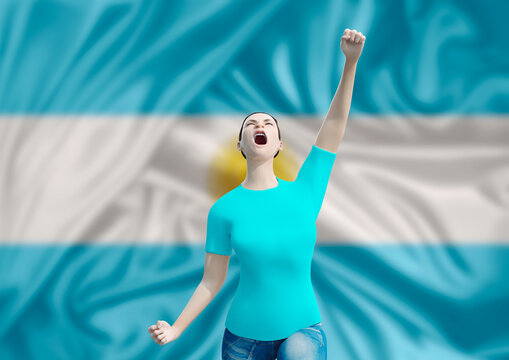 Argentine fan woman celebrating Argentina victory with flag. Argentine celebrating the independence of Argentina