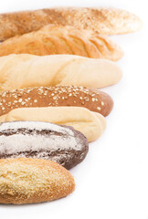 Fresh baked traditional bread. Fresh bread assortment on the white background