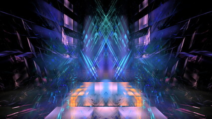 Digital interior building Hi tech Abstract data center server tonel. Business technology blurred Polygonal geometric digital cyberpunk space, color light. 3D render