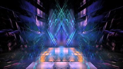 Digital interior building Hi tech Abstract data center server tonel. Business technology blurred Polygonal geometric digital cyberpunk space, color light. 3D render