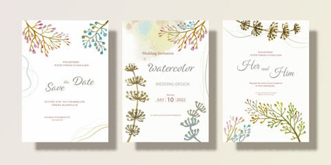 Fototapeta na wymiar Wedding invitation card set with watercolor abstract flora paintings.