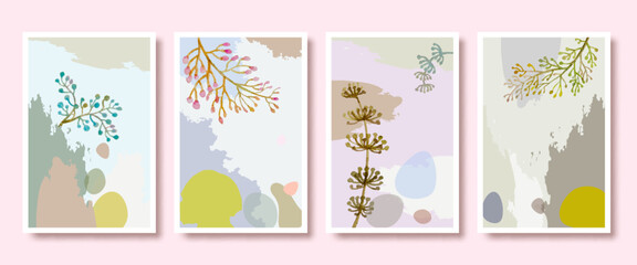 Abstract botanical flowers set with brush background, Luxury pattern design with flower.