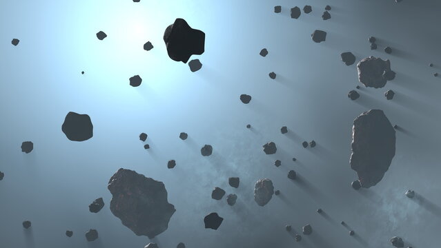 Asteroids field flying in space, belt of large metallic Asteroids. Rocks and debris swarm flying through space, cosmic background. 3d render