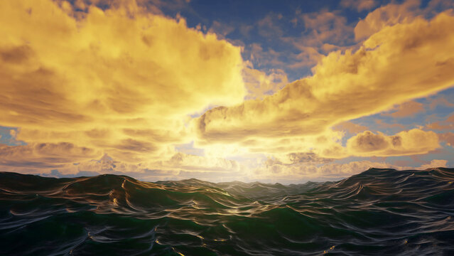 Sunset in sea, sun in waves of ocean. Fantastic sunset in summer on sea, sun melts in the waves. Clouds in rays of sun are reflected in the water. 3d render
