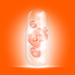 Vitamin B1 orange drop water inside capsule transparent. Collagen vitamins complex with chemical formula nature. Beauty treatment nutrition skin care. Medical scientific concepts. 3D Realistic Vector.