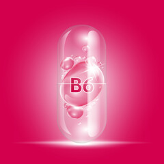 Vitamin B6 red drop water inside capsule transparent. Collagen vitamins complex with chemical formula nature. Beauty treatment nutrition skin care. Medical scientific concepts. 3D Realistic Vector.