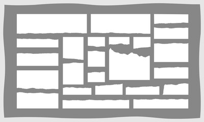 White grunge page piece, edge ripped newspaper note, blank rip notebook background, isolated torn paper border, rectangular tear cardboard banner, vector illustration set.