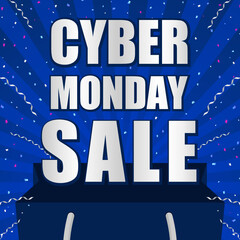 サイバーマンデー　広告テンプレート／ショッピングバッグと飛び出る紙吹雪・テープ　青背景（正方形）