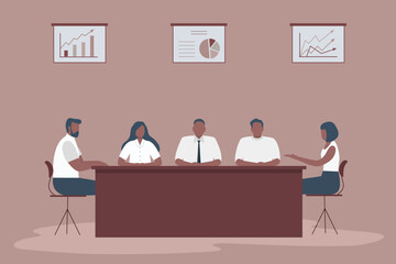 Business people during the meeting. Office workers are sitting at the table in the office. There are also diagrams on the wall. Flat style. Vector illustration