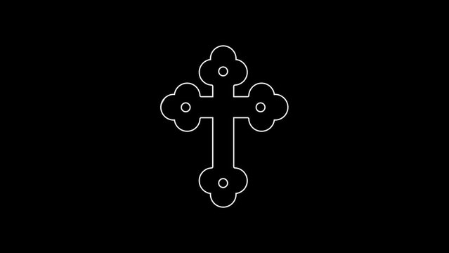 White line Christian cross icon isolated on black background. Church cross. 4K Video motion graphic animation