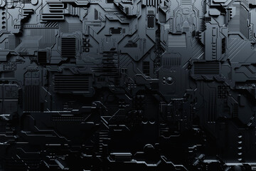Detail of a futuristic  machine. 3D illustration of a futuristic wall made of various details. Cyberpunk background. Industrial wallpaper. Grunge details - obrazy, fototapety, plakaty
