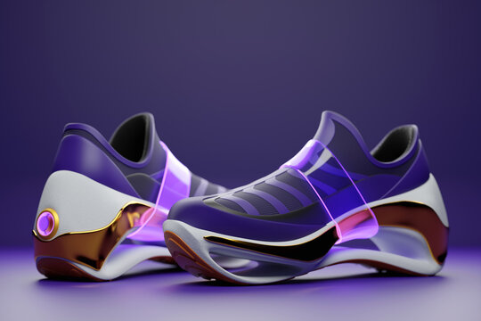 Purple  sneakers  on the sole. The concept of bright fashionable sneakers, 3D rendering.