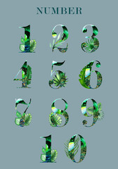 Collection of numbers, watercolor emerald background with gold splashes, decorated with tropical leaves, branches with berries, exotic.Element of wedding stationery.Hand-painted. Suitable for printing