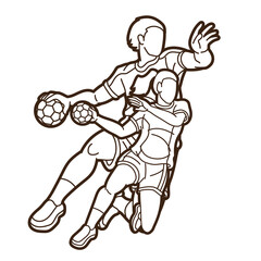 Group of Handball Players Male and Female Action Together Cartoon Sport Team Graphic Vector	