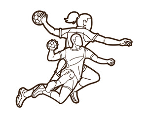 Group of Handball Players Male and Female Action Together Cartoon Sport Team Graphic Vector	