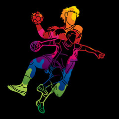 Fototapeta na wymiar Group of Handball Players Male and Female Action Together Cartoon Sport Team Graphic Vector 