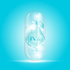 Vitamin K1 blue drop water inside capsule transparent. Collagen vitamins complex with chemical formula nature. Beauty treatment nutrition skin care. Medical scientific concepts. 3D Realistic Vector.