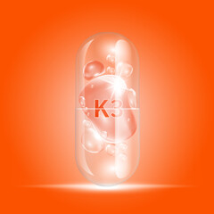 Vitamin K3 orange drop water inside capsule transparent. Collagen vitamins complex with chemical formula nature. Beauty treatment nutrition skin care. Medical scientific concepts. 3D Realistic Vector.