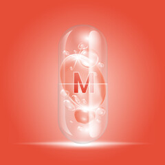 Vitamin M orange drop water inside capsule transparent. Collagen vitamins complex with chemical formula nature. Beauty treatment nutrition skin care. Medical scientific concepts. 3D Realistic Vector.