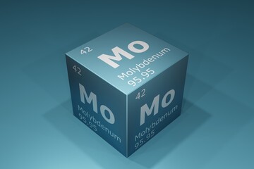 Molybdenum, 3D rendering of symbols of the elements of the periodic table, atomic number, atomic weight, name and symbol. Education, science and technology. 3D illustration