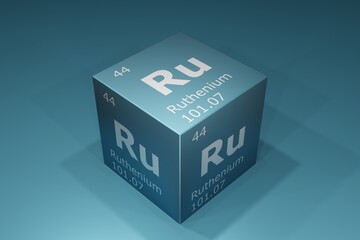 Ruthenium, 3D rendering of symbols of the elements of the periodic table, atomic number, atomic weight, name and symbol. Education, science and technology. 3D illustration