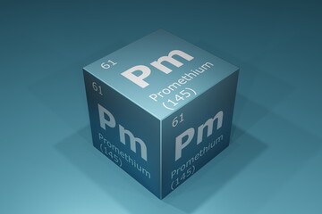 Promethium, 3D rendering of symbols of the elements of the periodic table, atomic number, atomic weight, name and symbol. Education, science and technology. 3D illustration