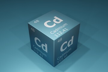 Cadmium, 3D rendering of symbols of the elements of the periodic table, atomic number, atomic weight, name and symbol. Education, science and technology. 3D illustration