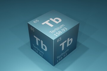 Terbium, 3D rendering of symbols of the elements of the periodic table, atomic number, atomic weight, name and symbol. Education, science and technology. 3D illustration
