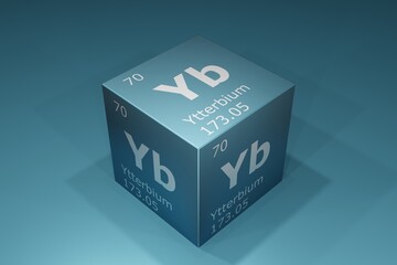 Ytterbium, 3D rendering of symbols of the elements of the periodic table, atomic number, atomic weight, name and symbol. Education, science and technology. 3D illustration