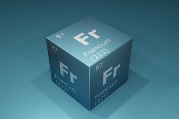 Francium, 3D rendering of symbols of the elements of the periodic table, atomic number, atomic weight, name and symbol. Education, science and technology. 3D illustration