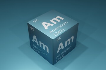 Americium, 3D rendering of symbols of the elements of the periodic table, atomic number, atomic weight, name and symbol. Education, science and technology. 3D illustration