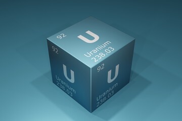 Uranium, 3D rendering of symbols of the elements of the periodic table, atomic number, atomic weight, name and symbol. Education, science and technology. 3D illustration