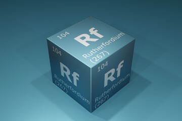Rutherfordium, 3D rendering of symbols of the elements of the periodic table, atomic number, atomic weight, name and symbol. Education, science and technology. 3D illustration