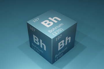 Bohrium, 3D rendering of symbols of the elements of the periodic table, atomic number, atomic weight, name and symbol. Education, science and technology. 3D illustration