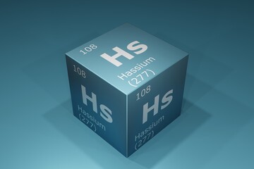 Hassium, 3D rendering of symbols of the elements of the periodic table, atomic number, atomic weight, name and symbol. Education, science and technology. 3D illustration