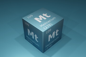 Meitnerium, 3D rendering of symbols of the elements of the periodic table, atomic number, atomic weight, name and symbol. Education, science and technology. 3D illustration