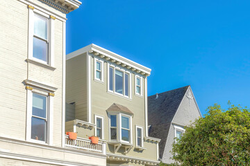 Close-up of second floor exterior of houses in San Francisco, California