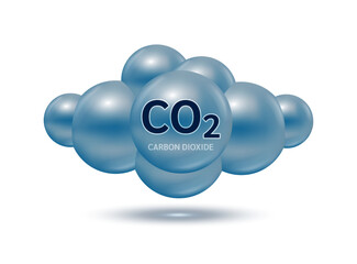 Carbon Dioxide CO2 molecule models. Cloud grey. Ecology and biochemistry concept. Air pollution emissions contamination with industrial pipes. Isolated spheres 3D Vector.