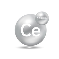 Cerium molecule models silver. Ecology and biochemistry concept. Isolated spheres on white background. 3D Vector Illustration.