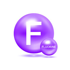 Fluorine molecule models purple and chemical formulas scientific element. Ecology and biochemistry concept. Isolated spheres on white background. 3D Vector Illustration.