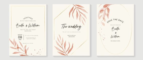 Luxury fall wedding invitation card template. Watercolor card with gold line art, leaves branches, foliage. Elegant autumn botanical vector design suitable for banner, cover, invitation.