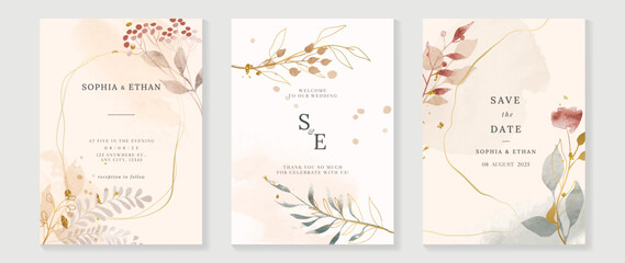 Luxury fall wedding invitation card template. Watercolor card with gold line art, leaves branches, foliage. Elegant autumn botanical vector design suitable for banner, cover, invitation.