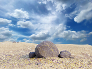 3d illustration decorated with mountain rocks, various shapes on earth, or natural desert. blue sky background