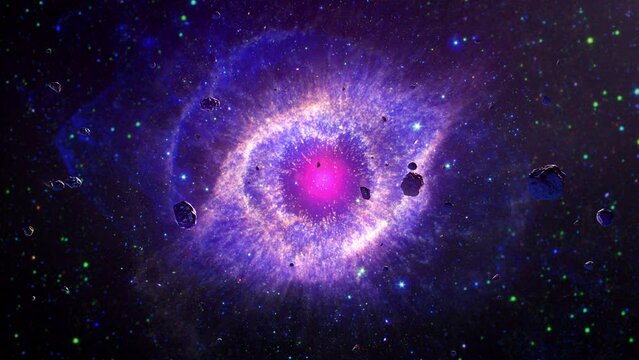 Galaxy Space flight exploration space rock scence  through outer space at The Helix Nebula. 4K looping animation of flying through glowing nebulae, clouds and stars field.