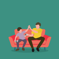 Fototapeta na wymiar Simple Vector illustration background about young happy father have fun playing the console video game with his son on the couch together. Parenting family concept. Modern design vector illustration