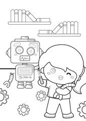 Repairing Robot and Kids Theme Coloring Pages A4 for Kids and Adult 